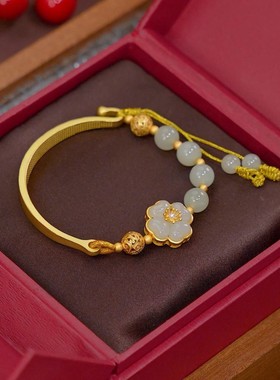 设计师推荐【花开十里】和田玉转运珠手镯复古镯甜美古风半镯手链