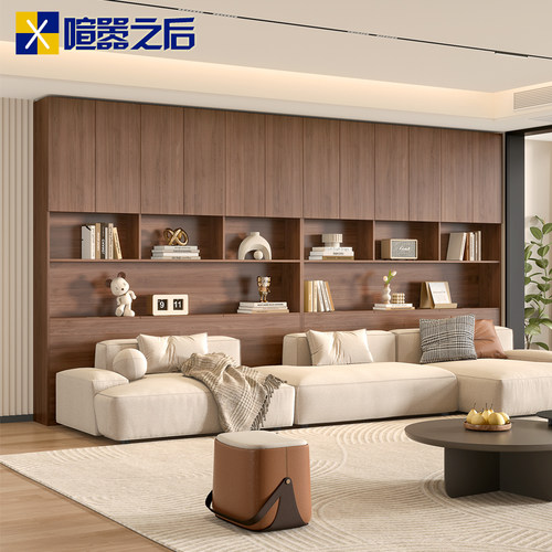 中古风实木沙发背靠书柜一体整墙