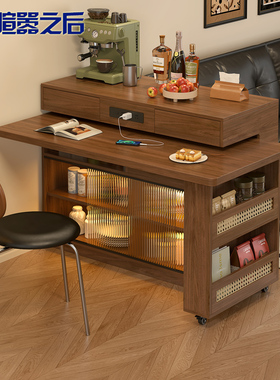 中古风实木旋转岛台餐桌一体可伸缩开放式厨房餐边柜吧台桌子9E83