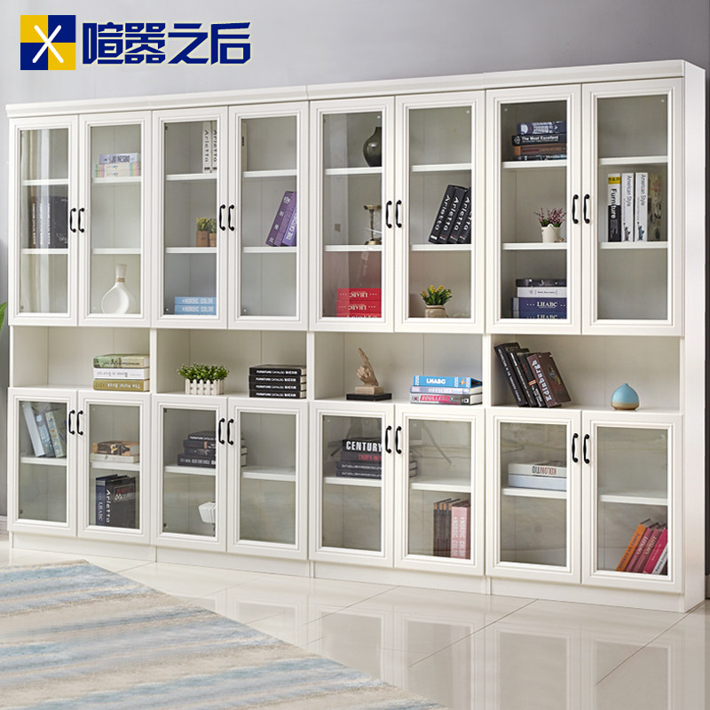 简欧书柜书架简约现代带门书橱落地置物柜子自由组合家具f-205