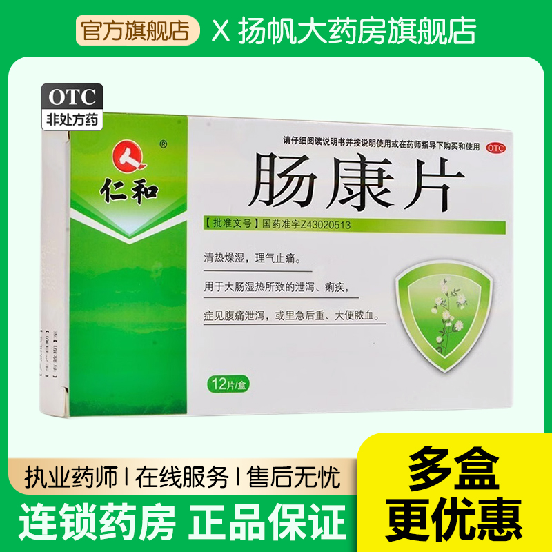 包邮】仁和肠康片50mg*12片用于大肠湿热所致的漫泻 痢疾大便