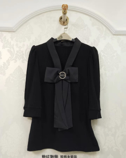 上衣 复古V领蝴蝶结高级料气质名媛修身 清仓特价 实体店㊣法式