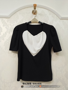 修身 撞色爱心泡泡袖 T恤 实体店㊣欧货新品 清仓特价