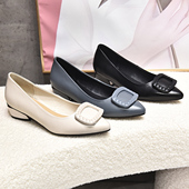 新款 单鞋 真皮单鞋 子2024年韩版 春季 粗跟百搭款 浅口尖头鞋 牛皮女鞋