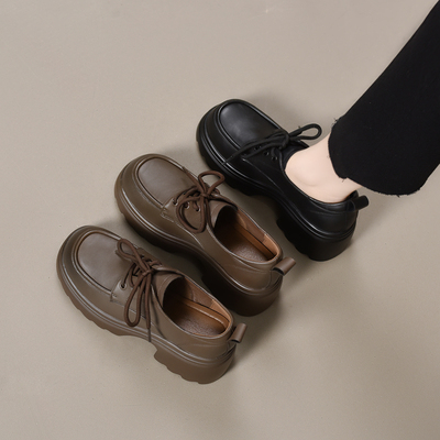 6955乐福鞋米白新款系鞋带厚底增高单鞋女鞋爆款单里时尚百搭黑色