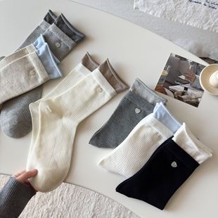 秋冬无骨森系袜子女学院风双罗口爱心纽扣饰品百搭女士中筒堆堆