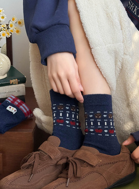 suxinaimin袜子女春秋冬红蓝色系ins潮暖绒中筒袜小熊条纹堆堆袜