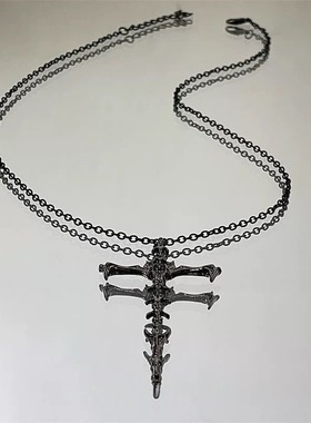 暗黑y2k辣妹风鱼骨十字架项链女