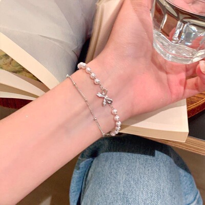 小清新双层蝴蝶结珍珠手串轻奢