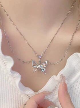 爱心双层蝴蝶项链女甜酷ins潮辣妹气质高级感个性百搭骨碟锁骨链