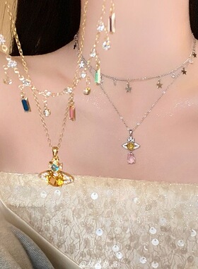 彩色土星锆石项链女新款小众高级