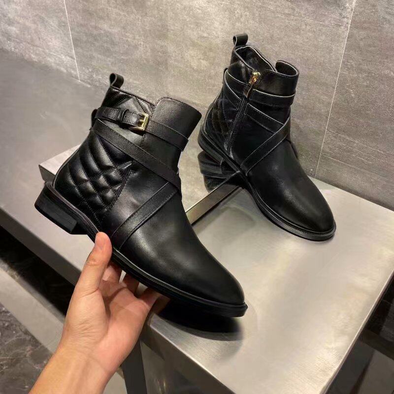 2020新款小牛皮短靴女切希尔单靴侧拉链皮带扣英伦风短筒女单鞋子