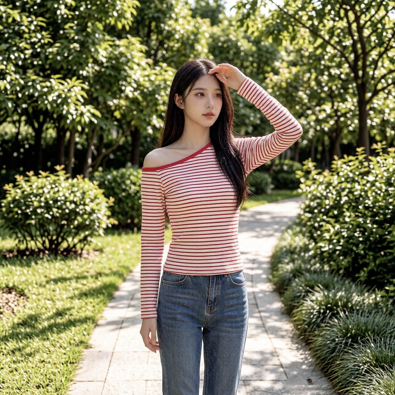 纯欲辣妹条纹斜肩长袖T恤女装秋季新款收腰修身显瘦短款上衣