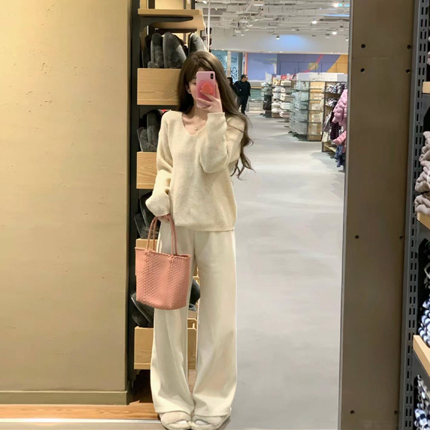 针织奶油白阔腿裤女秋冬加绒加厚米白糯米羊毛休闲裤垂感加长拖地