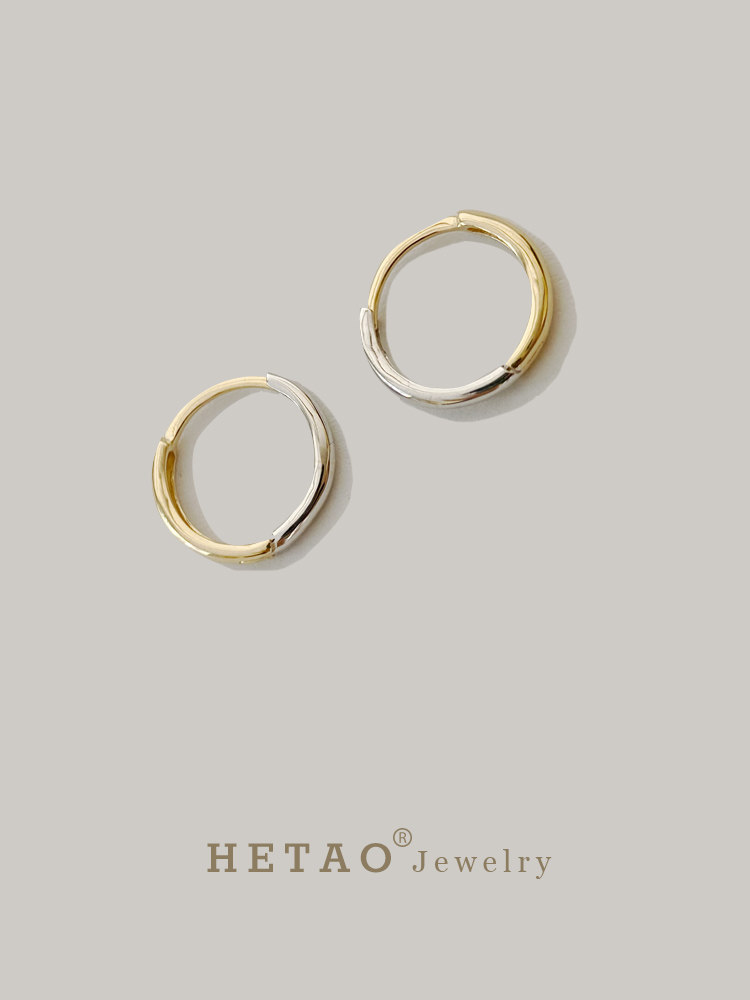 荷桃素金耳环双色拼色18k金白