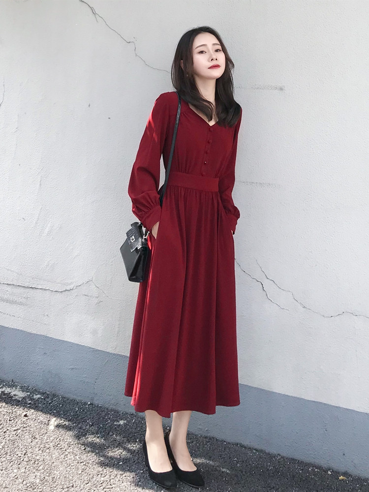 초가을 프렌치 복고 햅번 스타일 리틀 레드 원피스 허리 슬림 기질 중기 브이넥 긴팔 레드 원피스