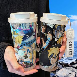 漩涡博人桃式显现咖啡保温杯316不锈钢双饮吸管水杯大容量车载杯