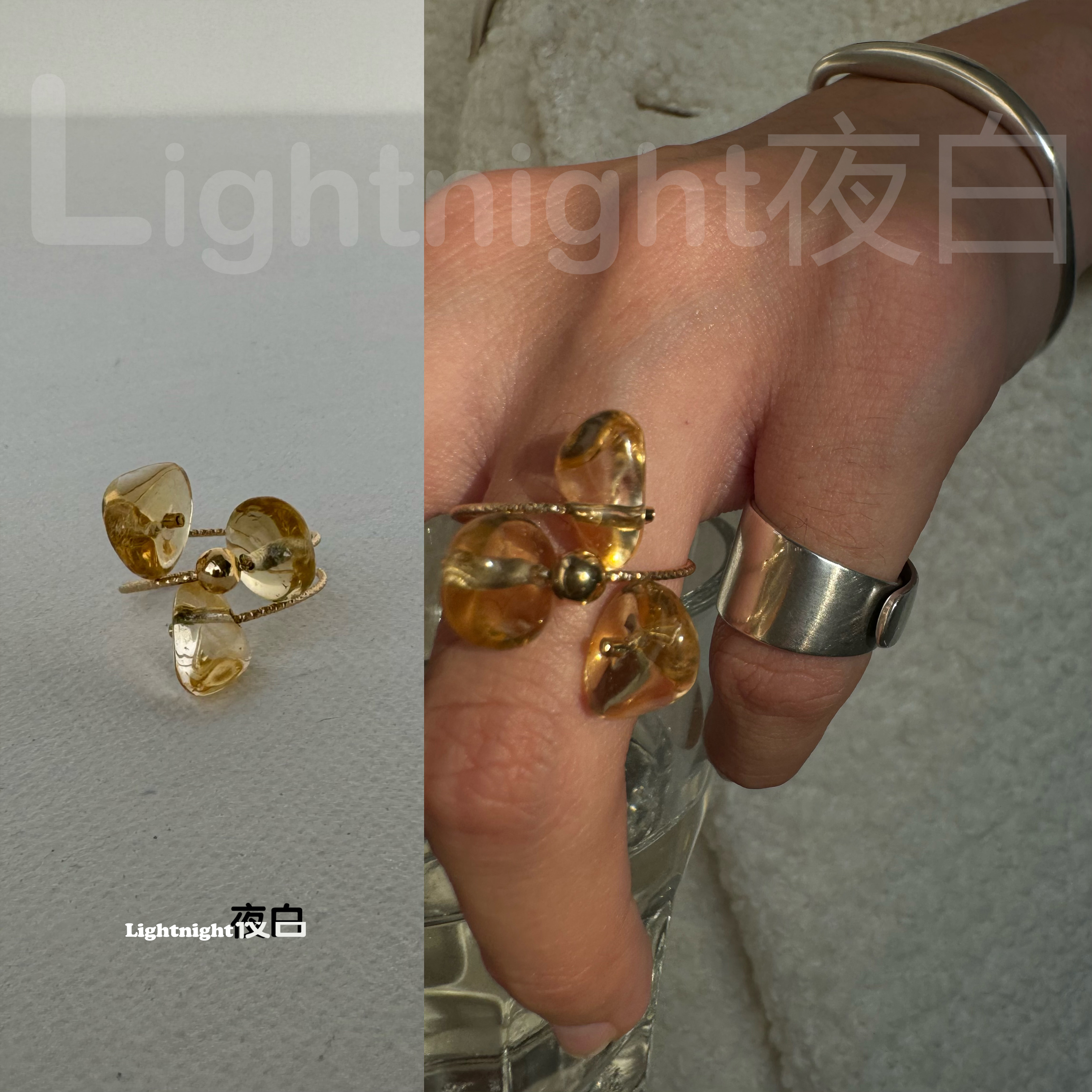 Lightnight夜白原创小众设计天然黄水晶包金戒指洗手不用摘指环
