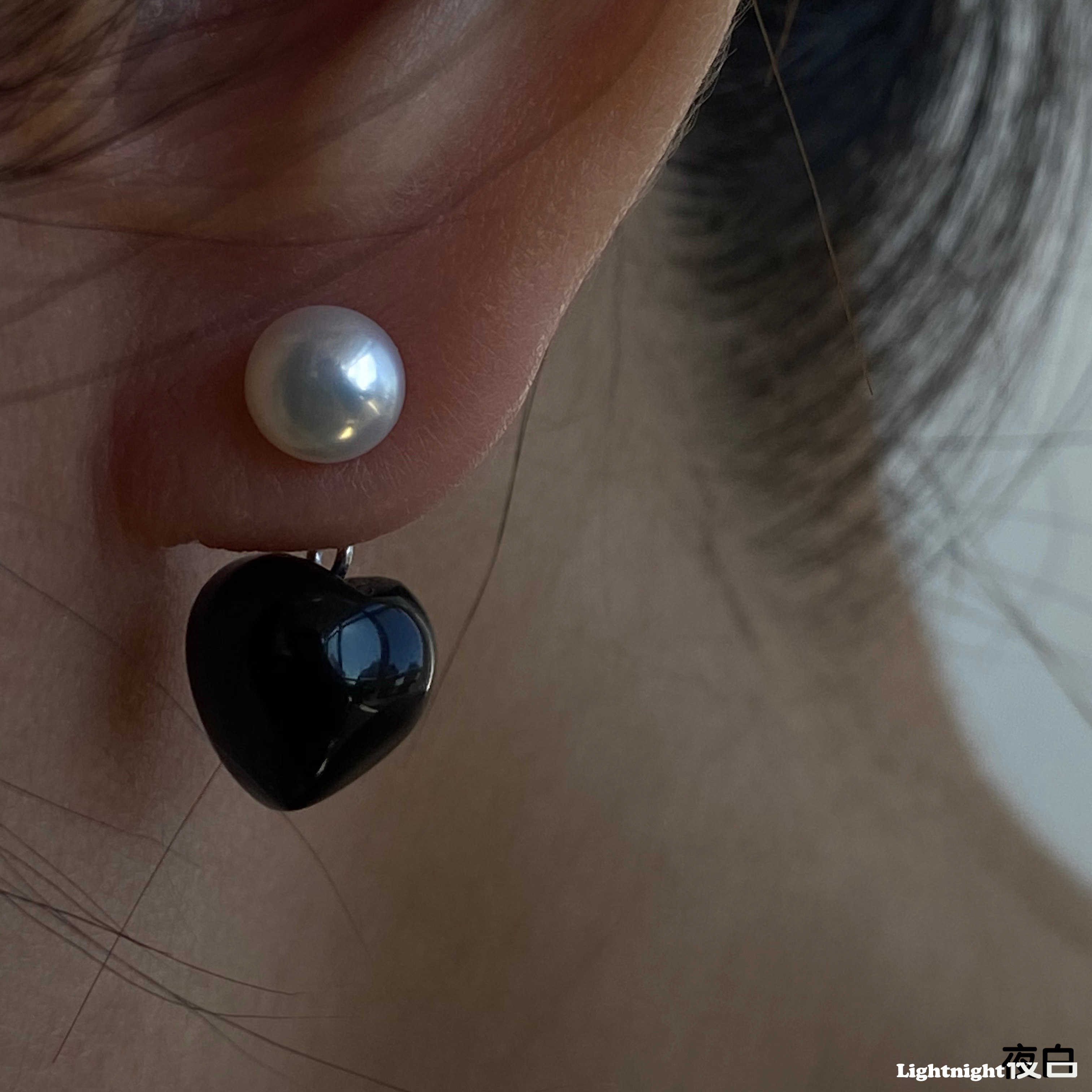 Lightnight夜白 天然淡水珍珠黑玛瑙925纯银耳钉无耳洞蚊香盘耳夹