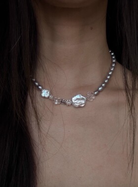 Lightnight夜白原创设计小众高级感天然灰珍珠白水晶纯银花朵项链