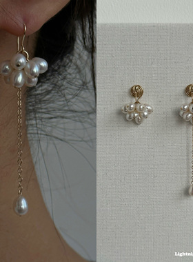 原创不对称花朵 天然淡水珍珠耳挂耳钉无耳洞蚊香盘耳夹极简通勤