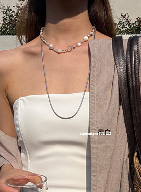 Lightnight夜白原创天然珍珠天然水晶925银锁骨链choker项链