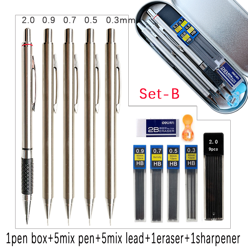 6pcs Metal Mechanical Pencil with Pen Box Lead Eraser Pencil