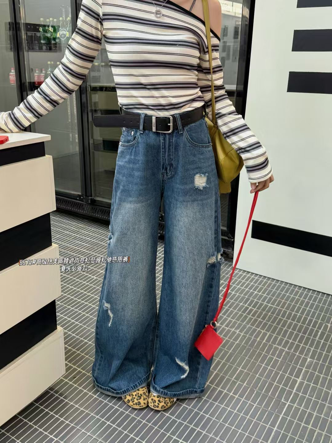 M7 6675美式复古破洞牛仔裤女2025年夏新款高腰显瘦拖地阔腿长裤