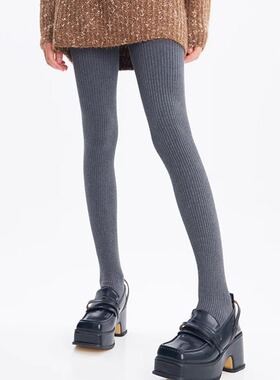 日本MUJIE秋冬款烟灰色粗条螺纹打底裤黑色简约日系显瘦连裤袜女