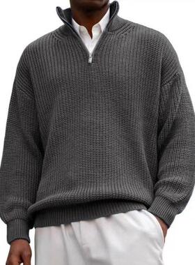 2025欧美跨境亚马逊独立站秋冬季男士休闲毛织卫衣拉链立领毛衣男