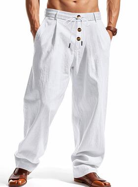 2025亚马逊速卖通欧美春夏新款季男士透气棉麻宽松休闲运动长裤pa