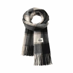 Jeep吉普新款格子绒线围巾冬季保暖流苏披肩防寒围脖男生女生同款