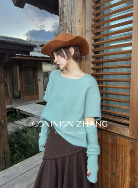 CZ ZHANG秋冬浣熊绒U领羊毛针织衫袖套两件套女亲肤毛衣 B35917