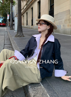 CZ ZHANG春假两件撞色拼接甜美绣花短外套女宽松休闲夹克衫C17088