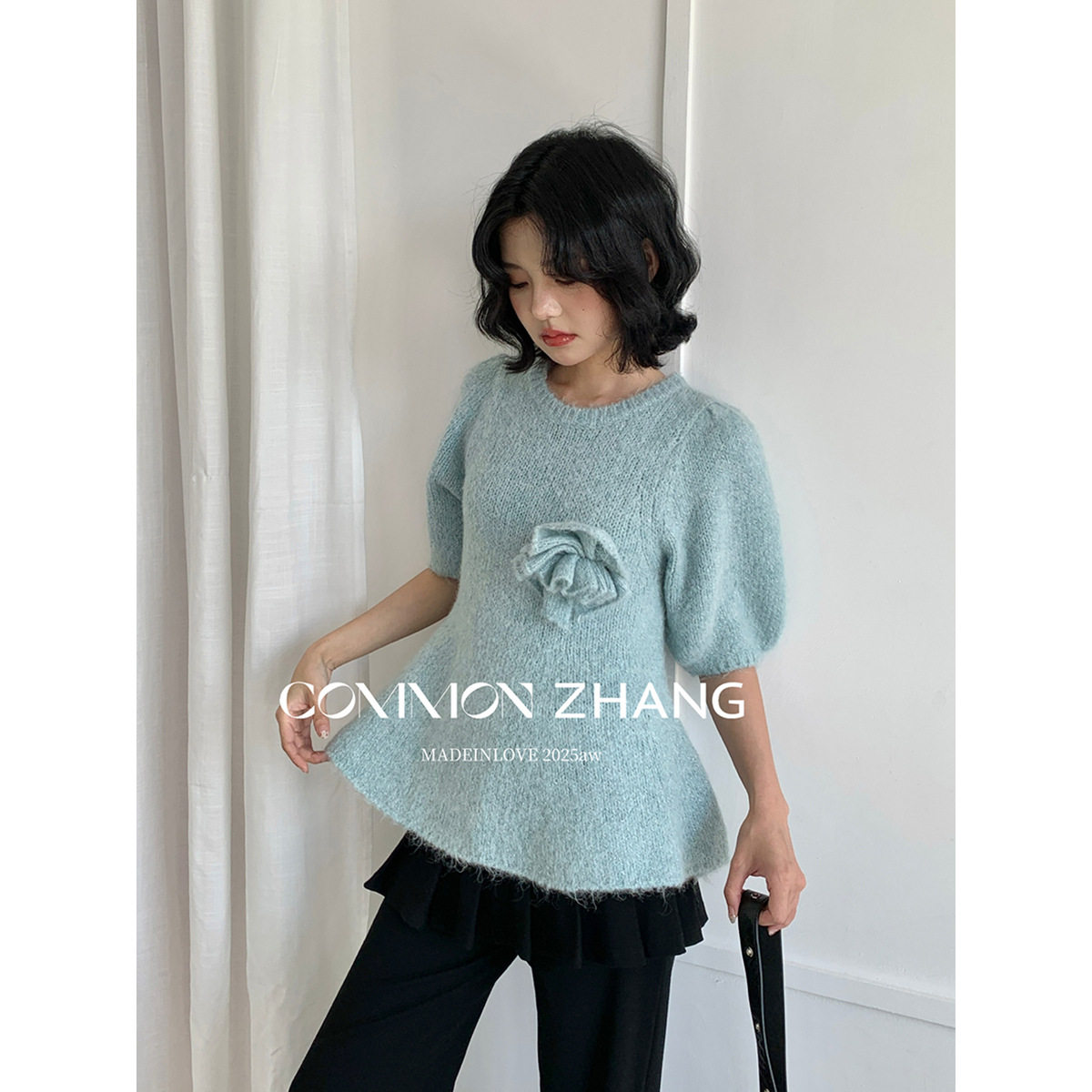 CZ ZHANG秋羊毛针织衫女收腰裙摆减龄钉花半袖套头质感毛衣