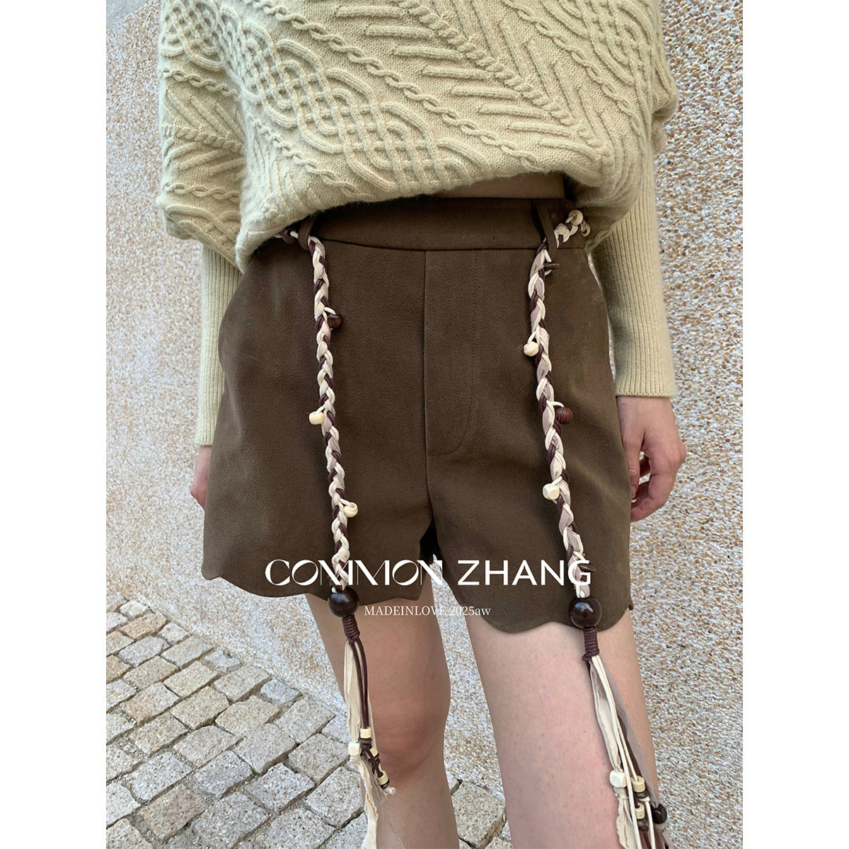 CZ ZHANG秋冬鹿皮绒高腰花边阔腿短裤女通勤风休闲裤送腰带