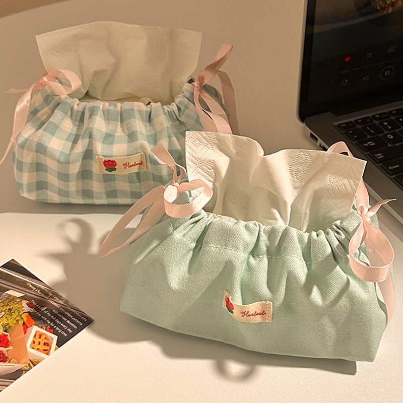 ins蓝色格子抽绳纸巾袋客厅卧室收纳纸巾盒蝴蝶结单层家用抽纸袋