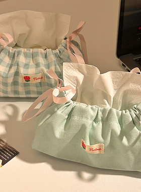 ins蓝色格子抽绳纸巾袋客厅卧室收纳纸巾盒蝴蝶结单层家用抽纸袋