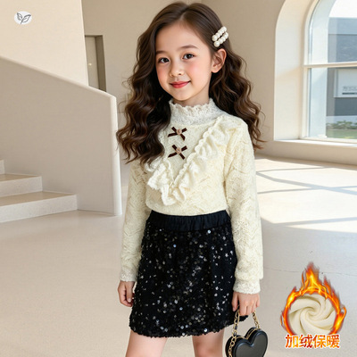 女童V领花边长袖上衣2025秋冬新款加绒保暖打底衫中大童甜美内搭
