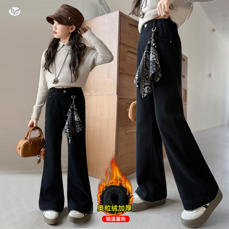 女童喇叭裤2025秋冬新款中大童加绒牛仔裤微喇裤修身冬装长裤