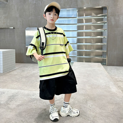童夏季款条纹短袖套装2026儿童撞色工装短裤中大童休闲宽松两件套