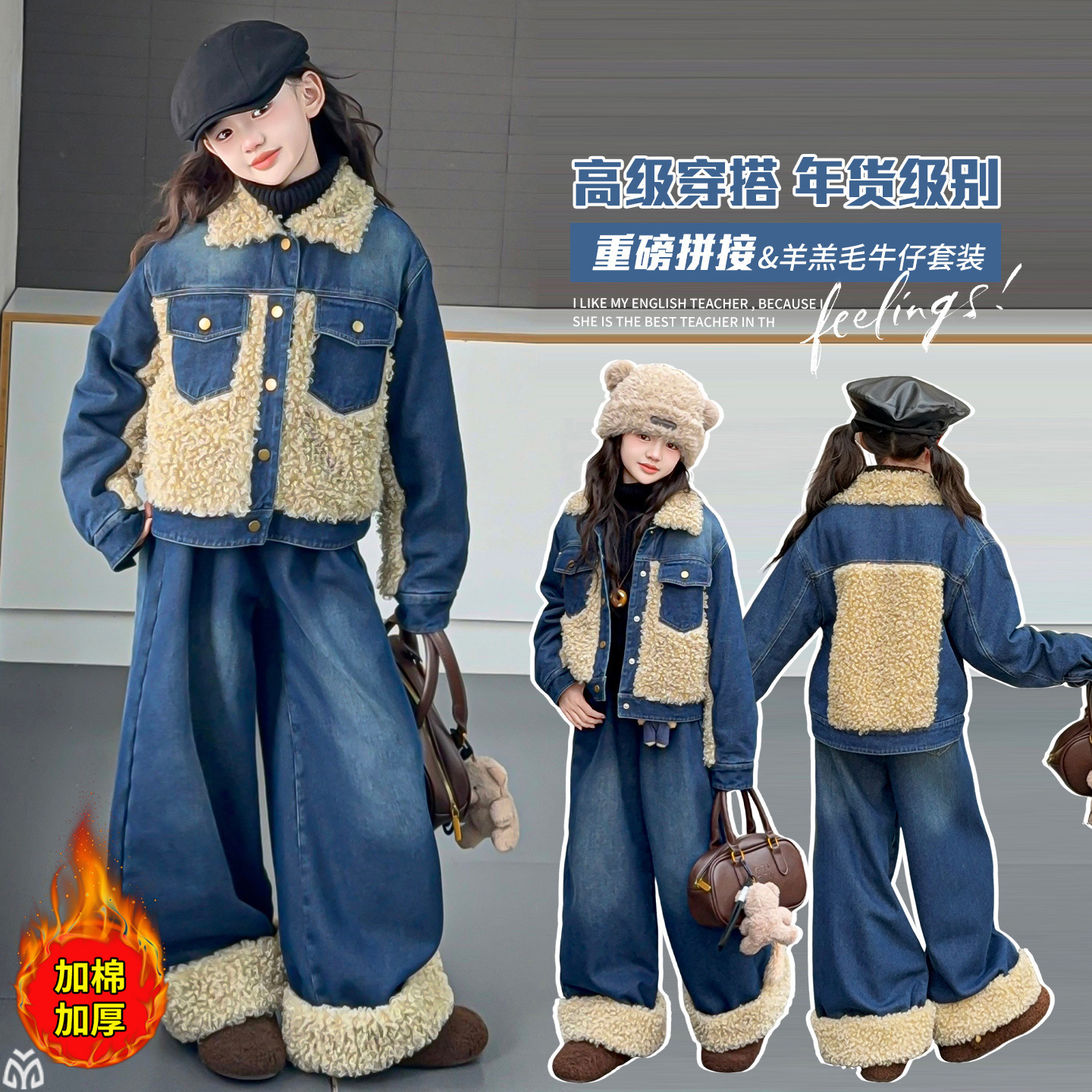2025冬季做旧复古牛仔羊羔毛拼接棉服外套加绒阔腿裤套装女童