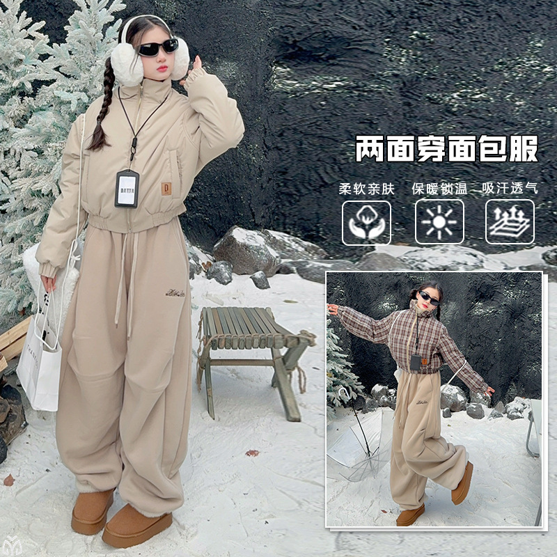 女童套装冬款2025新款美式复古立领短款双面穿棉服羊羔绒加厚