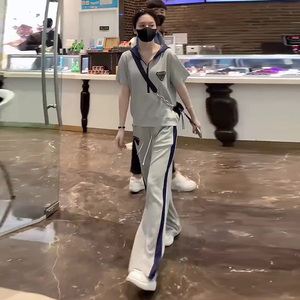 简约时尚大气运动套装女2023年新款夏款连帽短袖T恤阔腿裤两件套