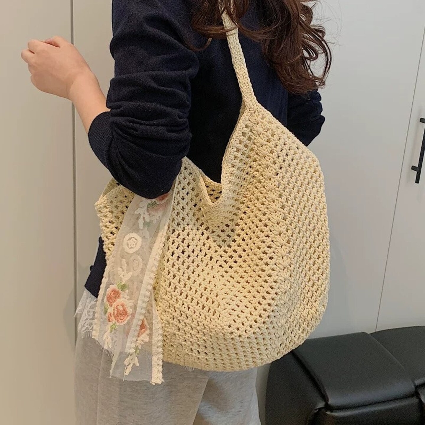慵懒风腋下包包女夏大容量棉线镂空编织袋海边度假单肩托特包沙滩图片