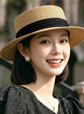 法式平顶草帽女夏季老钱风编织礼帽海边度假大檐防晒太阳帽子凉帽