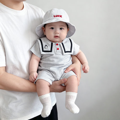 夏季婴儿薄款带帽翻领哈衣