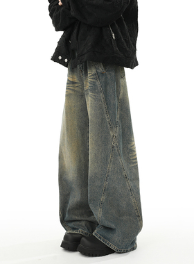 BLRY 美式复古牛仔裤男宽松潮牌长裤ins高级设计感加绒加厚直筒裤