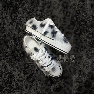 原创y2k亚文化视觉系辣妹可爱软萌厚底低帮白豹纹毛毛鞋子厚底鞋