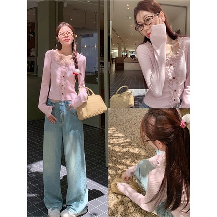 甜美粉色蕾丝花边针织衫女春季新品圆领修身显瘦打底衫